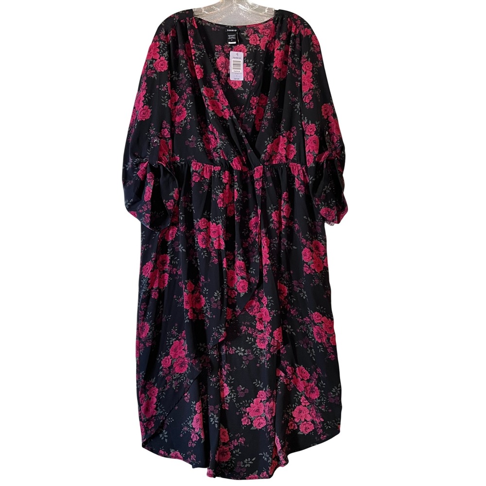 Torrid Pink Floral Rose High Low Chiffon Dress Metallic Gold Accents Size 4 4X